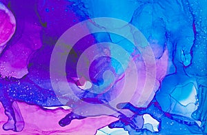 Soft modern ethereal light blue, pink and purple alcohol ink abstract background. Liquid watercolor paint splash texture effect