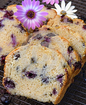 Soft moist blueberry cake on a grill