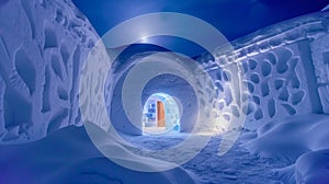 Soft moonlight glints off of the pristine snowcovered walls surrounding a cozy ice hotel room. 2d flat cartoon