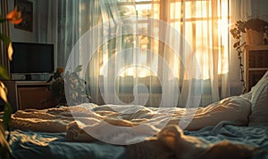 Soft morning light streaming through sheer curtains in a tranquil bedroom setting