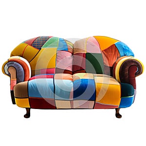 Soft multicolored upholstered sofa in vintage style with wooden legs on the white background