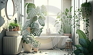 Soft native organic shapes look of bathroom with big window oval bathtub with lights and Green palm plants in selfcare