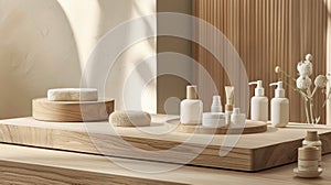 Soft and natural elements blend seamlessly on this wooden podium creating a Zenlike atmosphere for the Japanese skincare photo