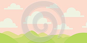 Soft nature landscape with pink sky, green hills. Rural scenery. Sunrise time. Vector illustration in simple