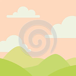 Soft nature landscape with sky, mountains and green hills. Rural scenery. Sunrise time. Vector illustration in simple