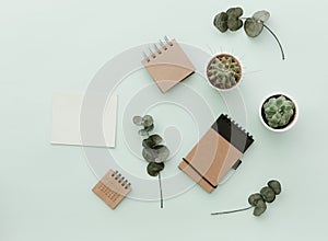 Soft Neutral Styled Desk Scenes With Cactus, craft eco notebooks and green leaves