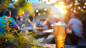 Soft outoffocus foliage frames the edges of a vibrant beer garden where friends chat and clink glasses in the warm