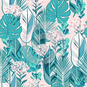 Soft pastel botanical jungle leaves pattern, tropical seamless,