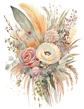 Soft Pastel-Colored Boho Wedding Bouquet Watercolor Illustration.