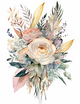 Soft Pastel-Colored Boho Wedding Bouquet Watercolor Illustration .