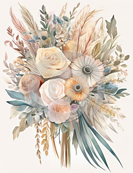 Soft Pastel-Colored Boho Wedding Bouquet Watercolor Illustration.