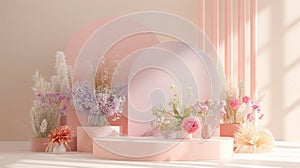 The soft pastel colors of the flowers on the Floral Romance Podium add a touch of whimsy and enchantment to the