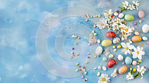 Soft Pastel Easter Eggs And Daisies With Spring Elements On Textured Blue