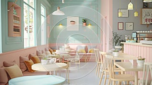 Soft pastel hues adorn the walls of this quaint coffee shop creating a peaceful atmosphere photo