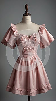 Soft Pastel Pink Cotton Dress: Sweetheart Neckline and Flutter Sleeves