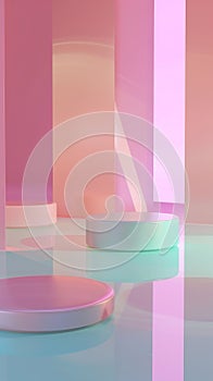 Soft pastel platforms floating against a dark void photo