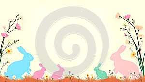 Pastel Easter Bunnies with Floral Decoration and Empty Space for Text