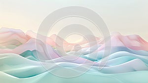 Soft pastel tones define 3D landscape, shaping serene hills, valleys with fluid lines. Abstract 3d background photo