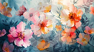 Soft pastel watercolor paintings in serene shades of pink and blue beautifully capture delicate flowers and leaves