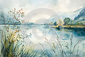 Soft pastel watercolors in a vertical frame, showing a placid lake surrounded by quiet nature AI Generate