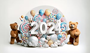 Soft pastels 2024 event announcement with teddy bears and lollipops for a baby\'s festive celebration