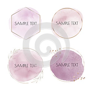 Soft pastels pink brush stroke watercolor texture with gold polygonal frames. Geometric shape with round hand drawing watercolor w
