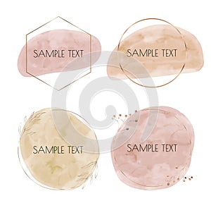 Soft pastels pink and nude brush stroke watercolor splashes with gold polygonal frames.