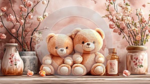 Soft Peach Watercolor Teddy Bears Background photo