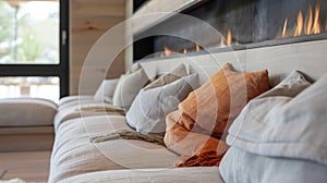 Soft pillows and plush cushions adorn the builtin seating creating the perfect spot to relax and enjoy the fire. 2d flat