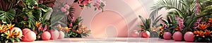 Soft pink backdrop highlights a tranquil setting with vases, blooms, and ambient lighting effects