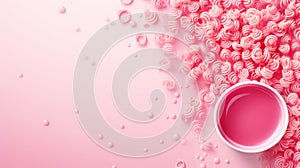 Soft pink background with pink paste, bowl of liquid, and natural food dyes for attractiveness photo