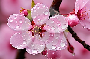 Soft pink cherry blossoms covered in glistening dew drops