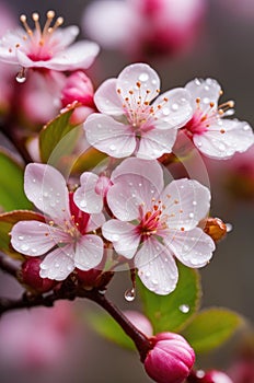 Soft pink cherry blossoms covered in glistening dew drops