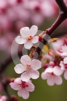 Soft pink cherry blossoms covered in glistening dew drops