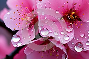 Soft pink cherry blossoms covered in glistening dew drops