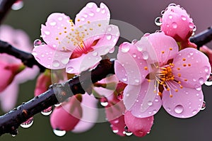 Soft pink cherry blossoms covered in glistening dew drops