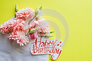 Soft pink chrysanthemums and happy birthday poster. beautiful flowers. Card with Spring Bouquet. Happy Birthday card with