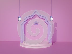 Soft pink color Islamic decoration background purple mosque arc design flower on top single product display podium hanging lantern
