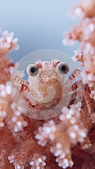 Soft pink coral cradles tiny crab in marine paradise photo