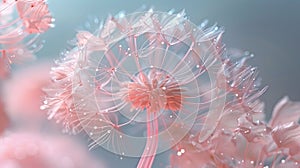 Soft pink dandelion with dewdrops close-up