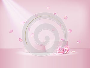 A soft pink double podium with a gold round frame and white feathers. Realistic vector background, 3d illustration. 3D