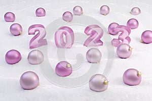 Soft pink glass style Christmas mood sign 2023 Modern Minimal New Year Concept- 3D render Illustration