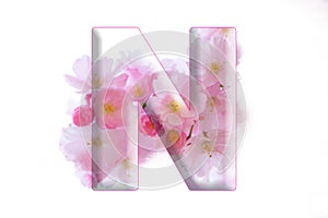 Soft pink LETTER N , romantic sign, cherry blossom alphabet, isolated design element