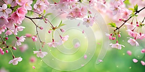 Soft pink petals of cherry blossoms gently Falling amidst lush greenery Generative By AI, spring photo