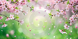 Soft pink petals of cherry blossoms gently Falling amidst lush greenery Generative By AI spring photo
