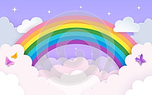 Soft pink and purple sky background with rainbow, clouds, stars and butterflies. Minimal backdrop in layered paper art style