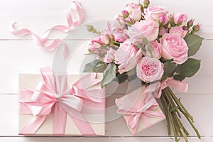 Soft pink roses and gift boxes on white wooden table