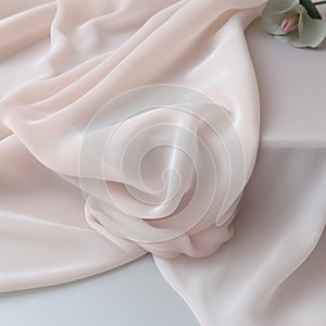 Soft Pink Silk Drape With Delicate Flower On Table Background