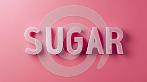 Soft pink 'SUGAR' letters on a plain pink background, highlighting the ubiquity of sugar.