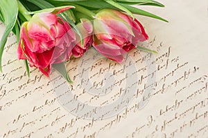 Soft pink tulips with old handwritten love letter